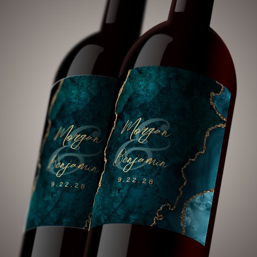 Teal Blauwe Agaat Gouden Script Bruiloft Wijn Etiket