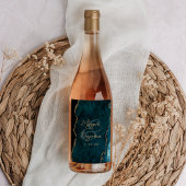 Teal Blauwe Agaat Gouden Script Bruiloft Wijn Etiket