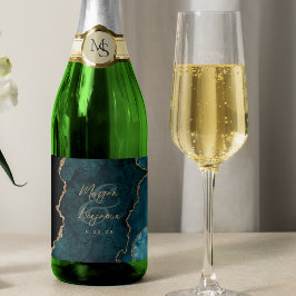 Teal Blauwe Agaat Gouden Scriptie Bruiloft Sparkling Wijnetiket