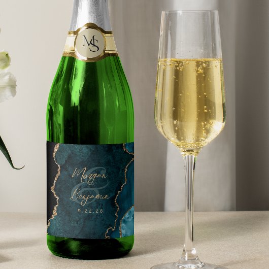 Teal Blauwe Agaat Gouden Scriptie Bruiloft Sparkling Wijnetiket