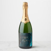 Teal Blauwe Agaat Gouden Scriptie Bruiloft Sparkling Wijnetiket (Voorkant)