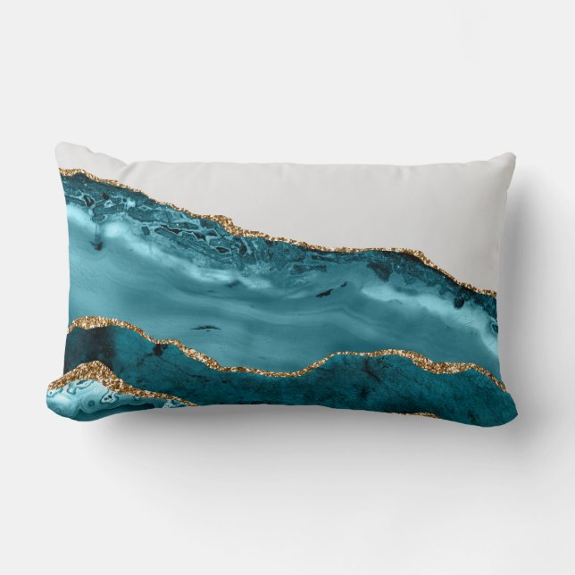 Teal Blauwe Agaat Steen Goud Folie look Kussen (Voorkant)