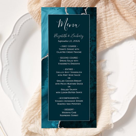 Teal Blauwe Agaten Zilveren Bruiloft Menu