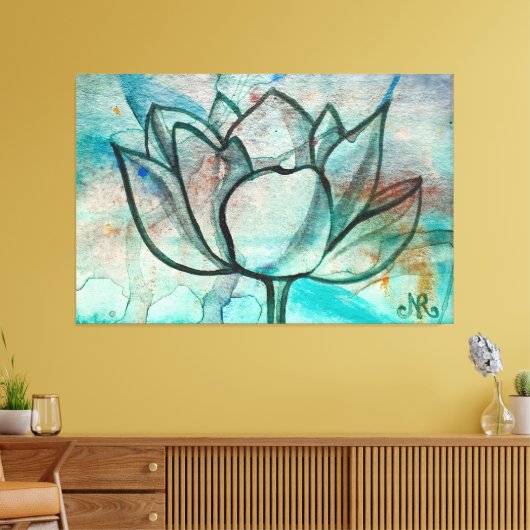   Teal Blauwe Aquarel Bloem Elegante Artistieke L Canvas Afdruk (Insitu (Woonkamer))