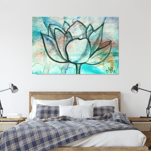    Teal Blauwe Aquarel Bloem Elegante Artistieke L Canvas Afdruk (Insitu (Slaapkamer))