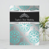 Teal Blauwe Damask Tiara Prinses Eerste Verjaardag Kaart (Staand voorkant)