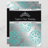 Teal Blauwe Damask Tiara Prinses Eerste Verjaardag Kaart (Voorkant / Achterkant)