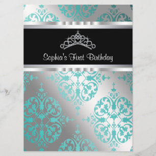 Teal Blauwe Damast Tiara Prinses Eerste Verjaardag Kaart