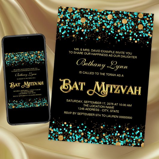 Teal Blauwe en Gouden Bat Mitzvah Kaart