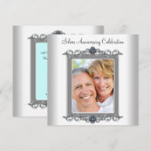 Teal blauwe foto zilveren 25e verjaardagsfeestje kaart (Voorkant / Achterkant)