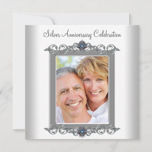 Teal blauwe foto zilveren 25e verjaardagsfeestje kaart (Voorkant)