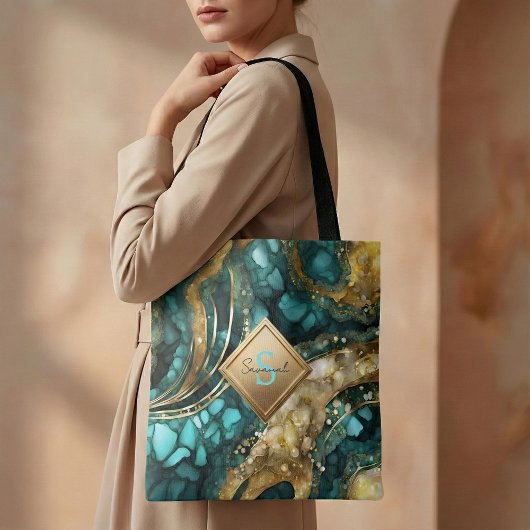 Teal Blauwe Goud Agaat Geode Knikker Monogram Naam Tote Bag