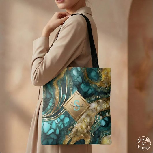 Teal Blauwe Goud Agaat Geode Marmer Monogram Naam Tote Bag