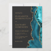 Teal Blauwe Goud Agate QR Code Huwelijk Kaart (Voorkant)