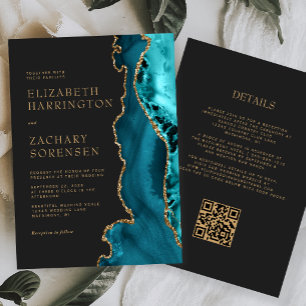 Teal Blauwe Goud Agate QR Code Huwelijk Kaart