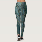 Teal Blauwe Gouden Abstracte Waterverf Golven Leggings (Achterkant)