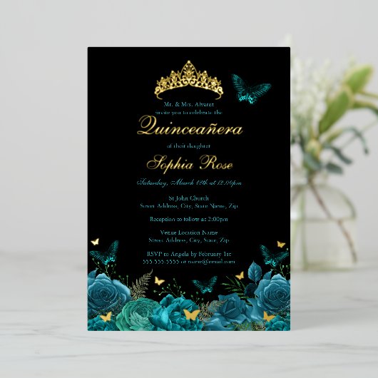 Teal Blauwe Gouden Bloem Vlinder Tiara Quinceanera Folie Uitnodiging (Staand Voorkant)