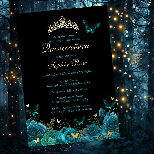 Teal Blauwe Gouden Bloem Vlinder Tiara Quinceanera Folie Uitnodiging