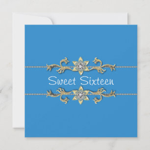 Teal Blauwe Gouden Diamanten Sweet Sixteen Uitnodi Kaart