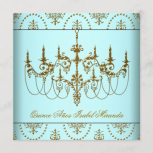 Teal Blauwe Gouden Kroonluchter Quinceanera Kaart
