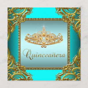 Teal Blauwe Gouden Tiara Quinceanera Kaart