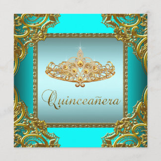Teal Blauwe Gouden Tiara Quinceanera Kaart