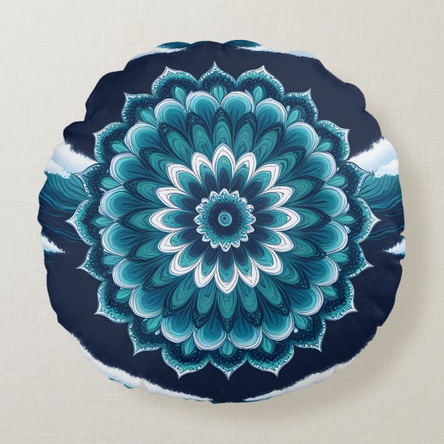 Teal Blauwe Mandala Bloem Ronde Worp Kussen | Boho (Voorkant)