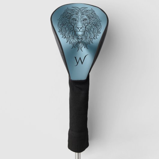 Teal Blauwe Mandala Leeuwenkop Monogram Initiaal Golfheadcover (Voorkant)