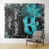 Teal blauwe Masquerade verjaardagsfeest achtergron Wandkleed (In Situ (horizontaal))