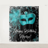 Teal blauwe Masquerade verjaardagsfeest achtergron Wandkleed (Voorkant)