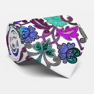 TEAL BLAUWE PAARSE BLOEMEN ,EDELSTENEN Witte bloem Stropdas