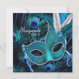 Teal Blauwe Pauw Masker Bal Kaart