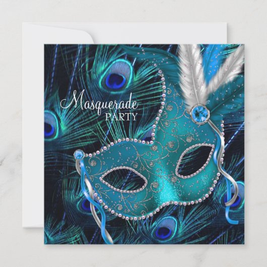Teal Blauwe Pauw Masker Maskerade Feest Kaart (Voorkant)