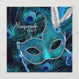 Teal Blauwe Pauw Masker Maskerade Feest Kaart