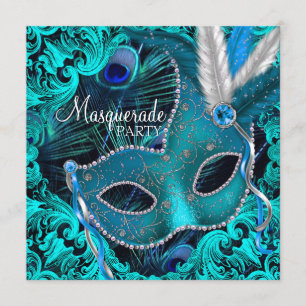 Teal Blauwe Pauw Masker Maskerade Feest Kaart