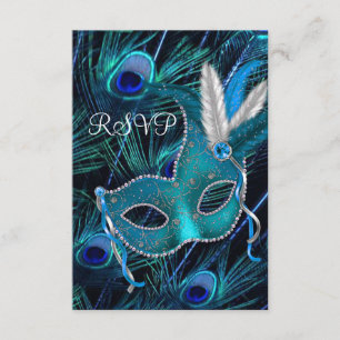 Teal Blauwe Pauw Maskerade Feest RSVP Kaartje