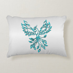 Teal Blauwe Phoenix Rijst op Zilver Accent Kussen