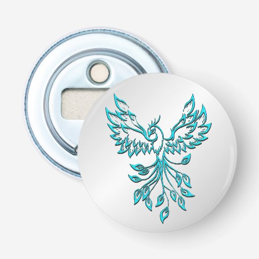 Teal Blauwe Phoenix Rijst op Zilver Button Flesopener (Voorkant)