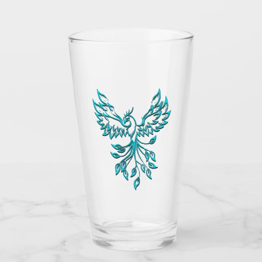 Teal Blauwe Phoenix Rijst op Zilver Glas (Voorkant)