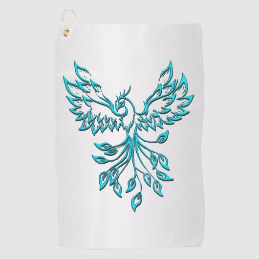 Teal Blauwe Phoenix Rijst op Zilver Golfhanddoek (Voorkant)