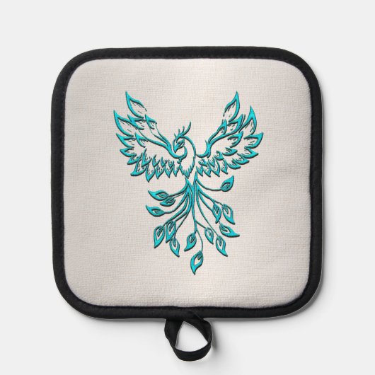 Teal Blauwe Phoenix Rijst op Zilver Pannenlap (Voorkant)