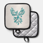 Teal Blauwe Phoenix Rijst op Zilver Pannenlap (Voorkant / Achterkant)