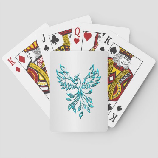 Teal Blauwe Phoenix Rijst op Zilver Pokerkaarten (Achterkant)