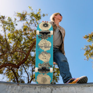 Teal Blauwe Sepia Bloem Skateboard