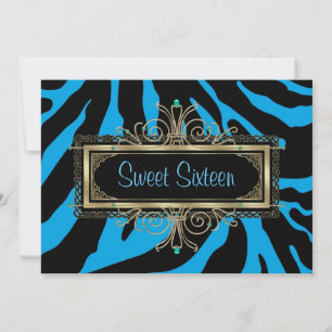 Teal Blauwe Zebra Zwart Gouden Sweet Sixteen Verja Kaart