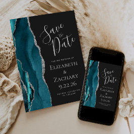 Teal Blauwe Zilveren Agate Donkere Save the Date K