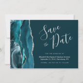 Teal Blauwe Zilveren Agate Save the Date Kaart (Voorkant)
