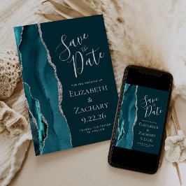 Teal Blauwe Zilveren Agate Save the Date Kaart