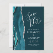 Teal Blauwe Zilveren Agate Save the Date Kaart (Voorkant)
