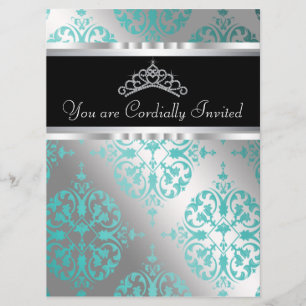 Teal Blauwe Zwarte Damast Tiara Teal Quinceanera Kaart